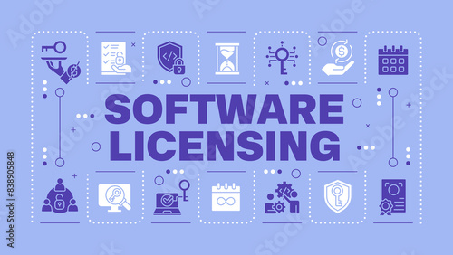 Software licensing blue word concept. License terms, subscription fee. Pricing plan. Visual communication. Vector art with lettering text, editable glyph icons. Hubot Sans font used