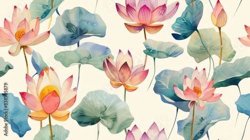 Fototapeta Naklejka Na Ścianę i Meble -  seamless pattern Miniature watercolor lotus flowers for a serene, repeating pattern