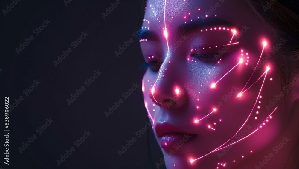 Woman with lines of white dots drawn on her face, showcasing the concept Lifting lines, advertising of face contour correction, female face skin lifting. Facial rejuvenation concept, cosmetology Woman with lines of white dots drawn on her face, showcasing the concept Lifting lines, advertising of face contour correction, female face skin lifting. Facial rejuvenation concept, cosmetology
