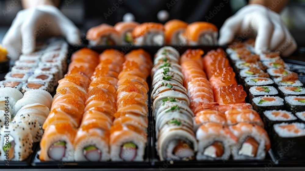 Chef presenting deluxe sushi selection on black plate for fine dining experience Chef presenting deluxe sushi selection on black plate for fine dining experience