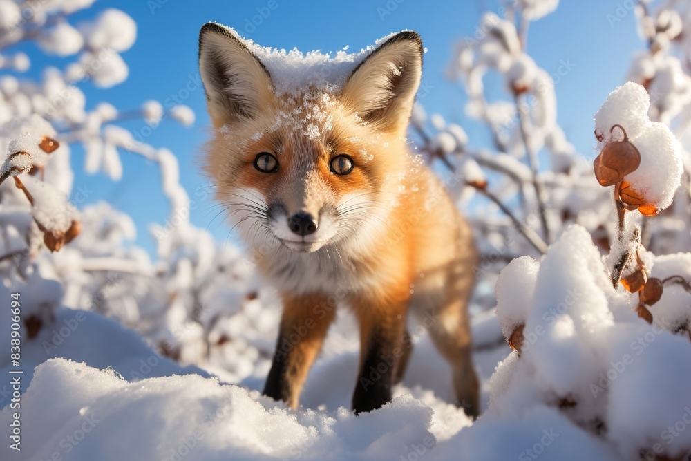 curious red fluffy fox runs in the snow on a sunny winter day curious red fluffy fox runs in the snow on a sunny winter day