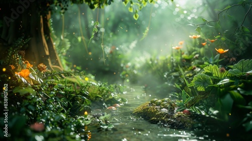 Enchanting forest stream with sunlight filtering through lush foliage, vibrant flowers, and mystical atmosphere.
