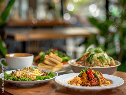 A studio photograph of dinner dishes shot in front of a coffee house background