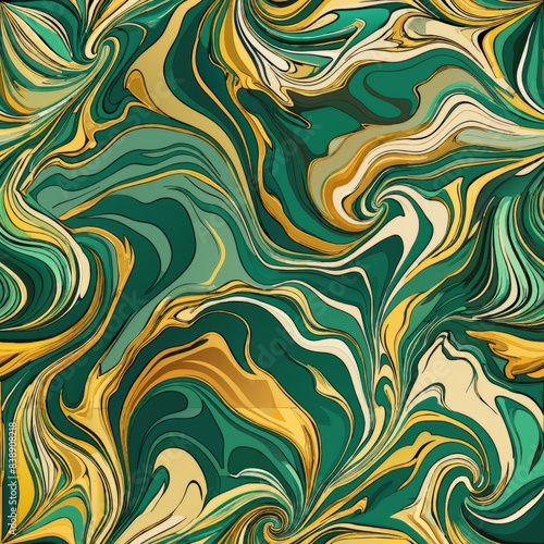 Seamless pattern of abstract marble swirls in shades of green and gold for a luxurious feel, Generative AI