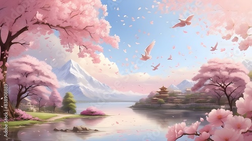 Marvel at the beauty of nature s rebirth with this captivating spring background  where delicate sakura blossoms paint the landscape in soft pink hues  while birds frolic and play  adding to the sense