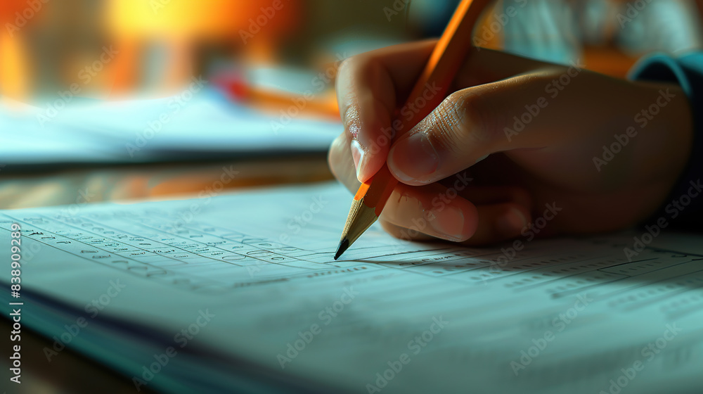 A closeup of an individual's hand holding and writing with pencil on a test paper, A closeup of an individual's hand holding and writing with pencil on a test paper,