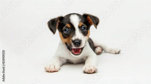 Portrait of a cute and happy puppy dog filled with joy in a studio with a white background for an animal or pets collection with copyspace