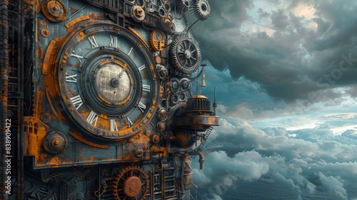 Time control station with intricate gears, rustic levers, under stormy skies