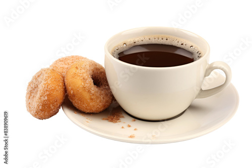 A Morning Delight: Coffee and Donuts Dance on a Saucer on a White or Clear Surface PNG Transparent Background.