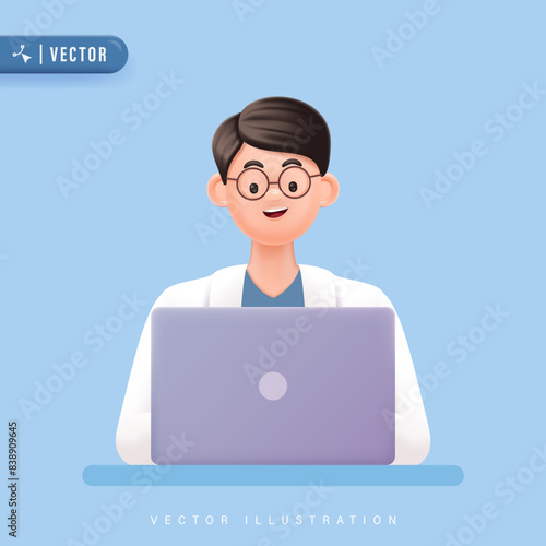 Young male Freelancer with Glasses Working with Laptop in Isolated Background