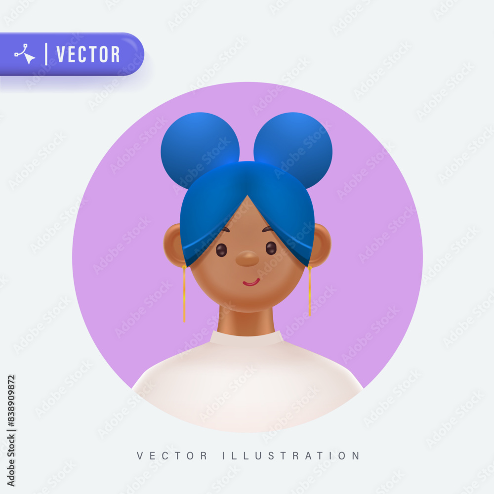Young smiling woman with blue hair avatar isolated background. 3d vector people character illustration. Cartoon minimal style. Young smiling woman with blue hair avatar isolated background. 3d vector people character illustration. Cartoon minimal style.