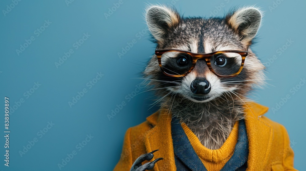 Modern racoon in fashionable trendy outfit with hipster glasses and business suit. Creative animal concept banner. color background banner with copyspace Modern racoon in fashionable trendy outfit with hipster glasses and business suit. Creative animal concept banner. color background banner with copyspace
