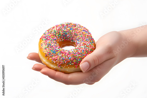 Female hand delicately cradles donut with sprinlkes isolated on a white backdrop