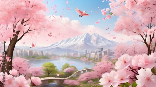 Step into a world of spring bliss with this captivating natural background adorned with the soft pink blooms of sakura trees, where birds flit and flutter, adding to the charm and vibrancy of the seas photo