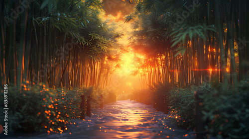 3D sunset bamboo forest view