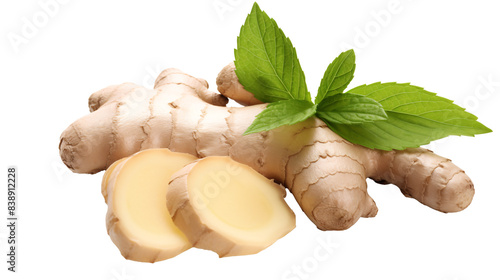 a ginger root with slices and leaves photo