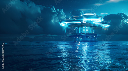 monolithic mechanical structure, futuristic floating enantiomorph sea glass platform, scifi fantasy Island, deep majestic blue Caribbean beach, led lit, underwater luminous glow  photo
