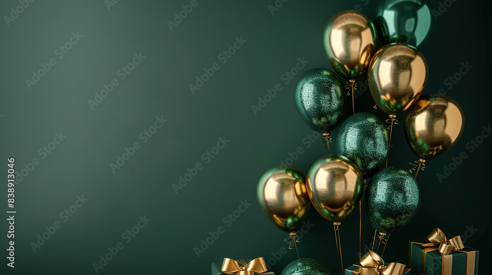 green and golden shiny foil balloons with gold presents, on the green matte background green and golden shiny foil balloons with gold presents, on the green matte background