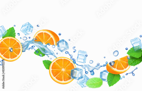 Transparent water wave splash and sliced orange juice 3d realistic vector. Citrus fruit and ice cubes, tropical summer drink, lemonade, ice tea cocktail. Orange and mint