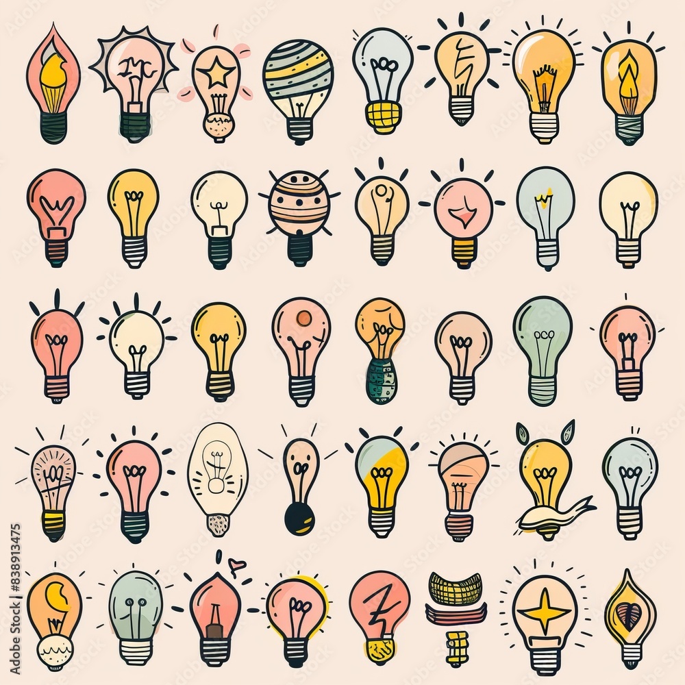 Graffiti light bulbs, lamp icon silhouettes set, lightbulbs isolated, doodle sketched bulbs, creativity idea