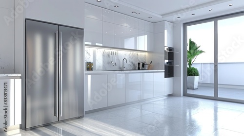 A sleek  modern kitchen with a large  stainless steel refrigerator.