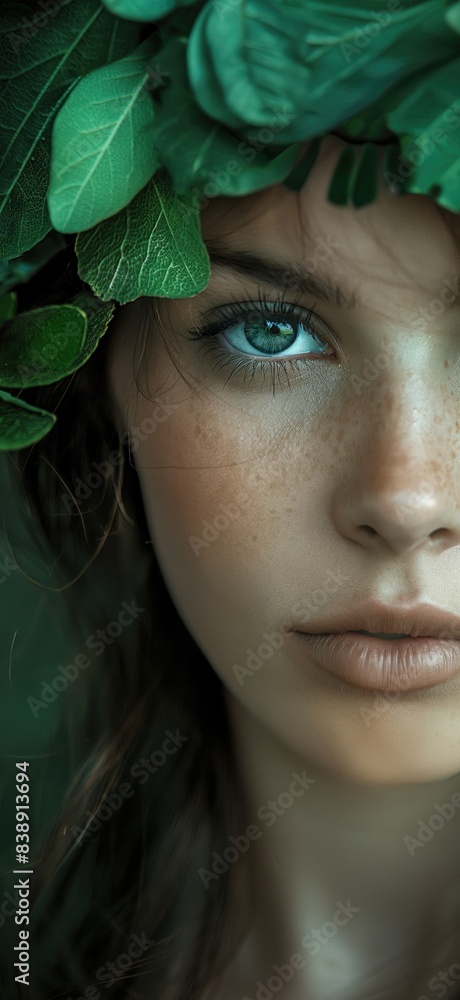 Portrait of a beautiful girl surrounded by green flowers. Young stunning woman in green Portrait of a beautiful girl surrounded by green flowers. Young stunning woman in green