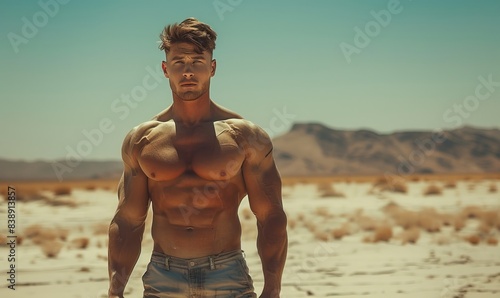 Body Builder man with huge muscles standing shirtless in a desert
