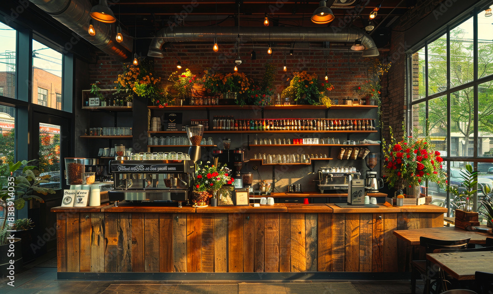 Rustic Coffee Shop Bar Counter in Cozy Cafe Morning Light Featuring Plants, Industrial Decor, and Relaxing Atmosphere