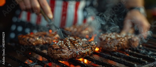 Man cooking steaks on grill, high detail, photorealistic, American flag apron, smoky setting 8K , high-resolution, ultra HD,up32K HD photo