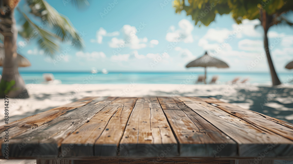 Empty wooden table on the background of the summer beach. Empty wooden table on the background of the summer beach.