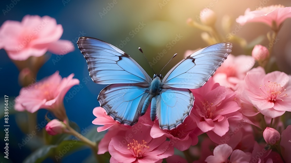 Witness the ethereal beauty of nature with this captivating close-up of a blue butterfly resting elegantly on a delicate pink flower, a mesmerizing scene of tranquility and grace in the natural world. Witness the ethereal beauty of nature with this captivating close-up of a blue butterfly resting elegantly on a delicate pink flower, a mesmerizing scene of tranquility and grace in the natural world.