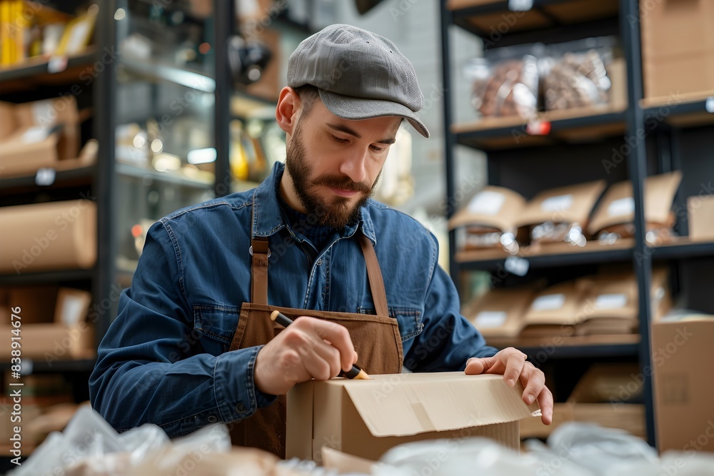 Close up Shot of Small Business Owner Sealing Cardboard Package in Workshop Close up Shot of Small Business Owner Sealing Cardboard Package in Workshop