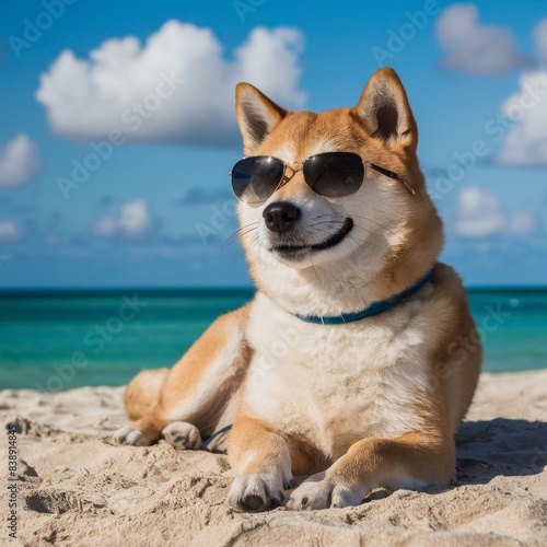 Shiba Inu Relaxing on Sunny Beach with Sunglasses © Bianca
