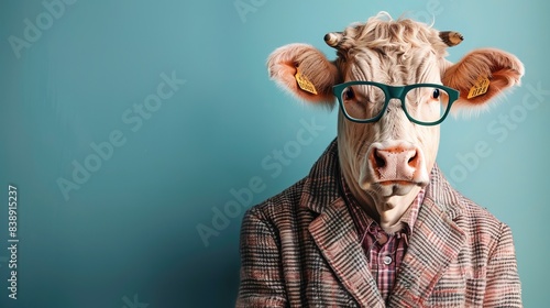 Modern cow in fashionable trendy outfit with hipster glasses and business suit. Creative animal concept banner. Pastel background banner with copyspace © WrongWay