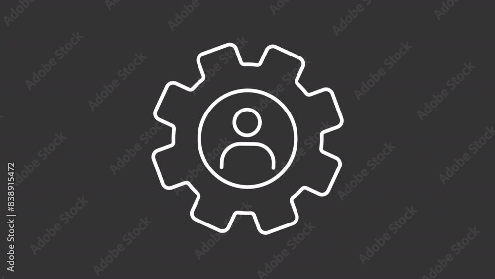 User settings white line animation. Animated gear and person icon. Personal configuration. Account customization. Isolated illustration on dark background. Transition alpha video. Motion graphic User settings white line animation. Animated gear and person icon. Personal configuration. Account customization. Isolated illustration on dark background. Transition alpha video. Motion graphic