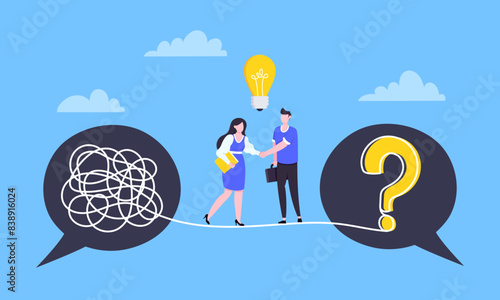 Understanding problem solution simplify challenge with idea. Unravel business chaos process with tangle difficult problem mess business concept flat design vector illustration. Chaos to order metaphor