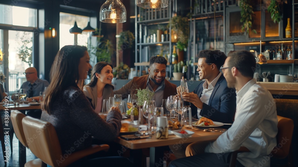 A group of coworkers having lunch together at a trendy restaurant. A group of coworkers having lunch together at a trendy restaurant.