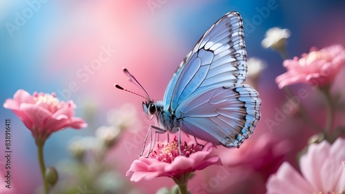 This mesmerizing macro shot showcases the delicate dance of a blue butterfly as it gracefully lands on a radiant pink flower, creating a captivating scene of natural wonder and tranquility. © Ashan