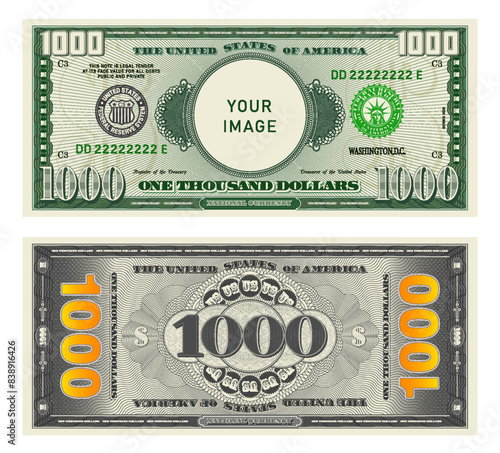 Vector highly detailed fictional beautiful 1000 US dollar banknote. Obverse and reverse of American bill with guilloche patterns. Empty circle in center. Sample, your image. One thousand dollars.