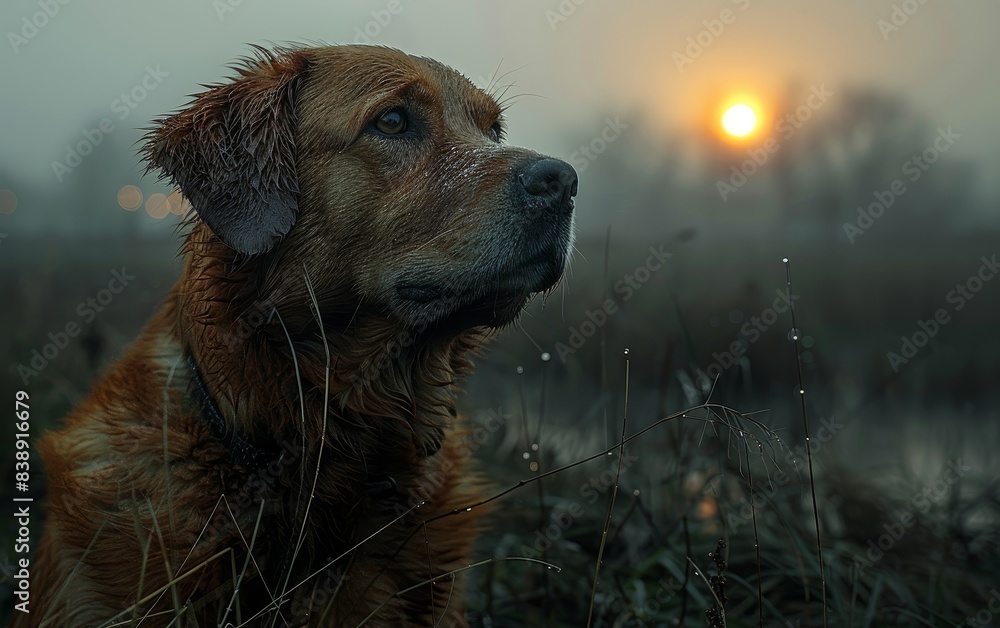 Obraz premium Wet golden retriever gazing into sunset with blurry field background, capturing serene and melancholic moment in nature.
