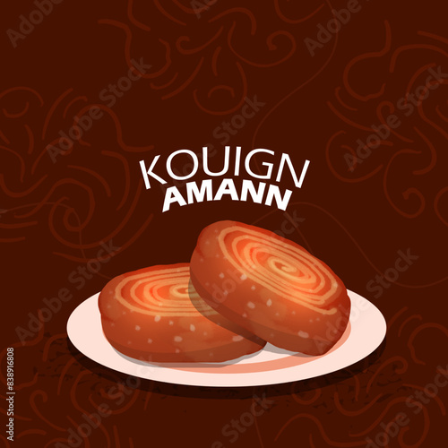 Kouign Amann Day event banner. Two cakes usually called Kouign Amann on a plate on dark brown background to celebrate on June 20th