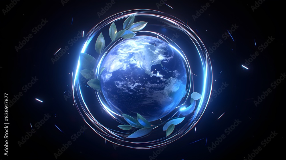 A vibrant digital rendering of Earth surrounded by luminous rings and leaves, symbolizing global unity and environmental harmony. A vibrant digital rendering of Earth surrounded by luminous rings and leaves, symbolizing global unity and environmental harmony.