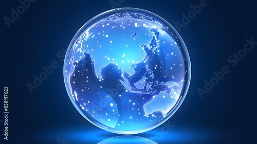 A glowing, blue-toned digital representation of the Earth against a dark background, highlighting continents and sparkling details.