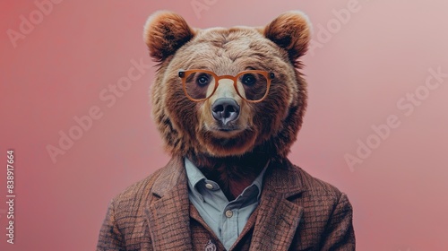 Modern bear in fashionable trendy outfit with hipster glasses and business suit. Creative animal concept banner. Pastel background banner with copyspace © WrongWay