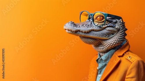 Modern alligator in fashionable trendy outfit with hipster glasses and orange business suit. Creative animal concept banner. Pastel orange background banner with copyspace