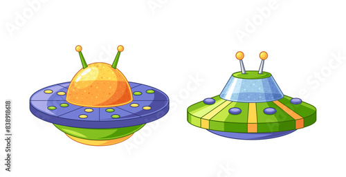 Two Colorful Flying Saucers Isolated On White Background. Whimsical And Fun Ufo Perfect For Fantasy, Space, Sci-fi Theme