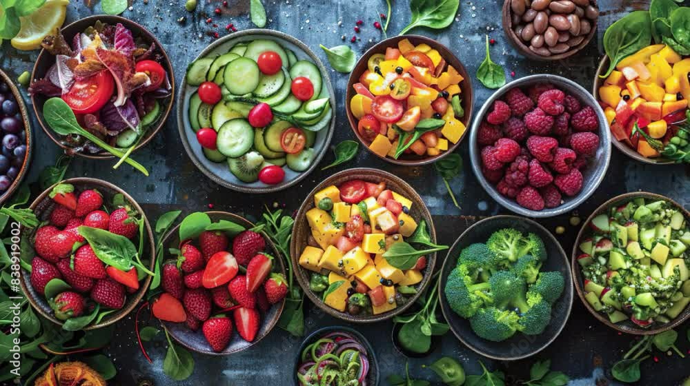 Create vibrant images of healthy foods showcasing fresh ingredients, balanced meals, and appealing presentations that promote nutritious eating Create vibrant images of healthy foods showcasing fresh ingredients, balanced meals, and appealing presentations that promote nutritious eating