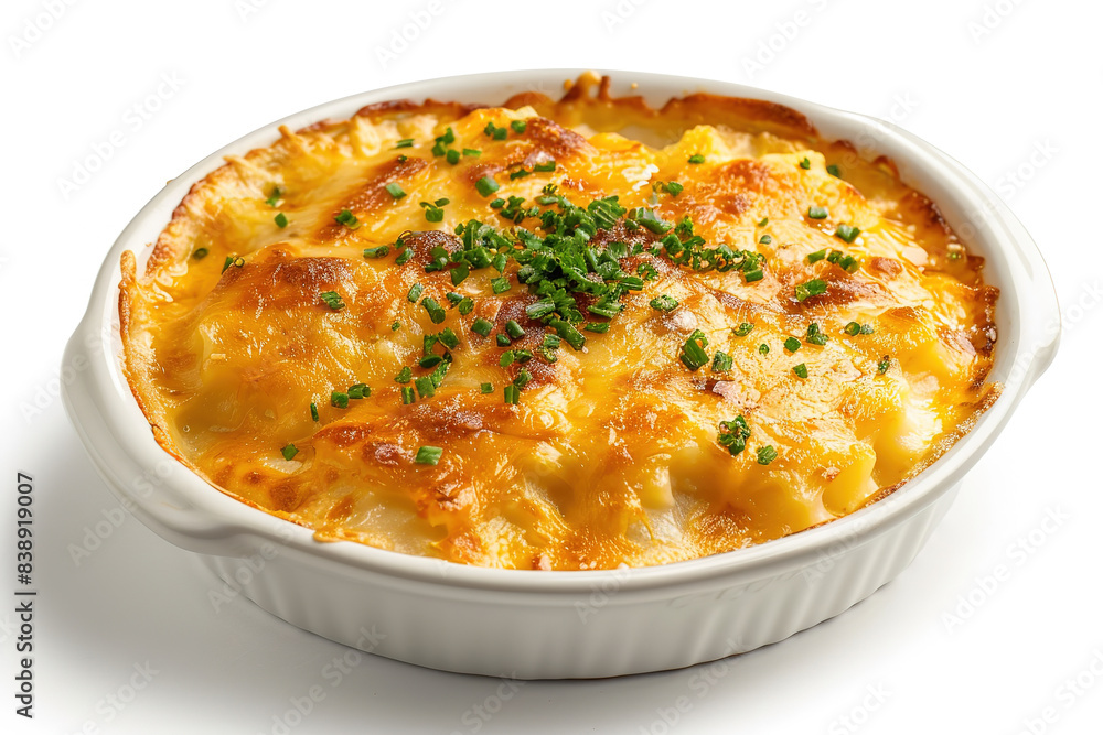 Mom's Scalloped Potatoes, top view, stock image, white background, with empty copy space Mom's Scalloped Potatoes, top view, stock image, white background, with empty copy space