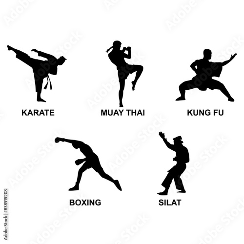 Martial arts silhouette karate, muay thai, kung fu, boxing and silat black and white