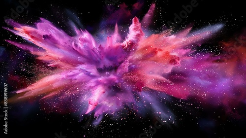 A burst of purple  pink  and blue powder against a black background.